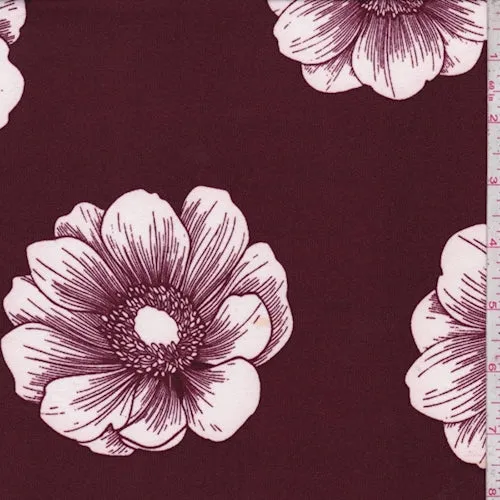 3 1/4 YD PC-Maroon/White Floral Bloom Double Brushed Jersey Knit Fabric