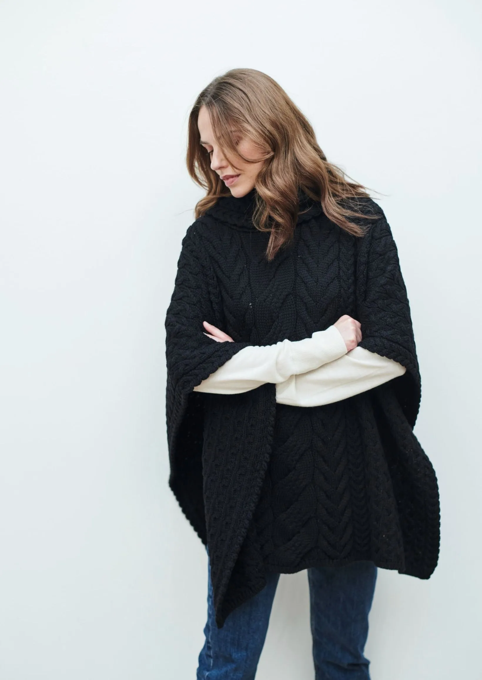 Aran Cowl Neck Poncho | Black