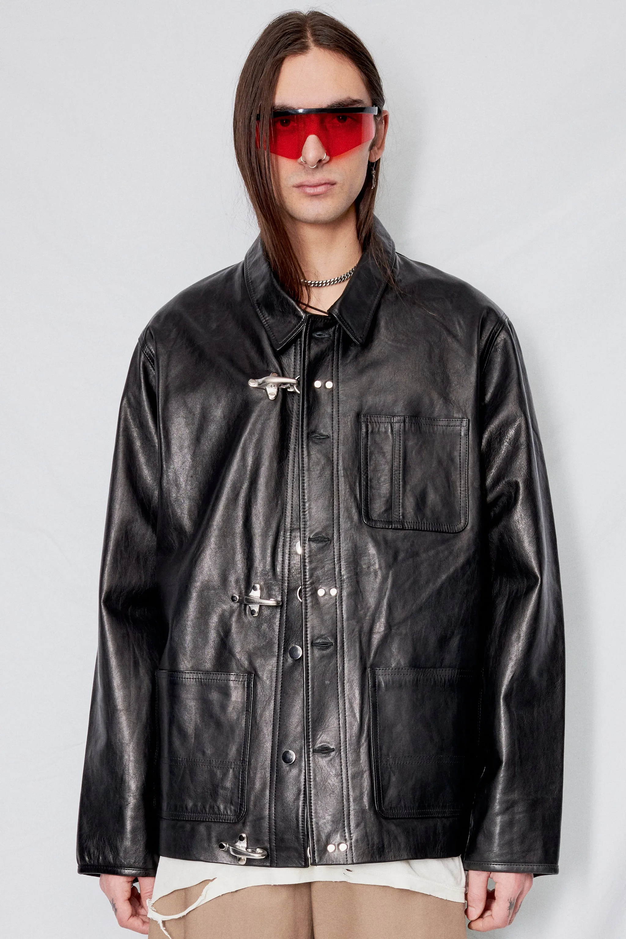 Black Leather Fireman Field Coat