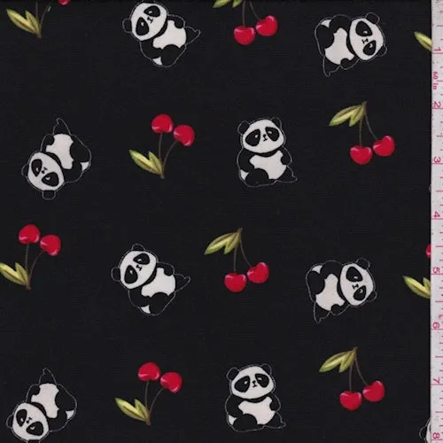 Black Panda/Cherries Double Brushed Jersey Knit Fabric