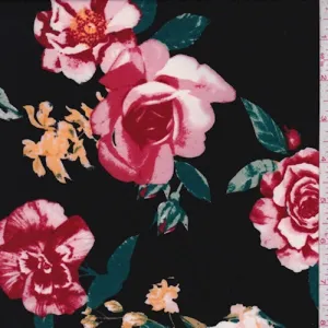 Black/Ruby/Pink Peony Double Brushed Jersey Knit Fabric