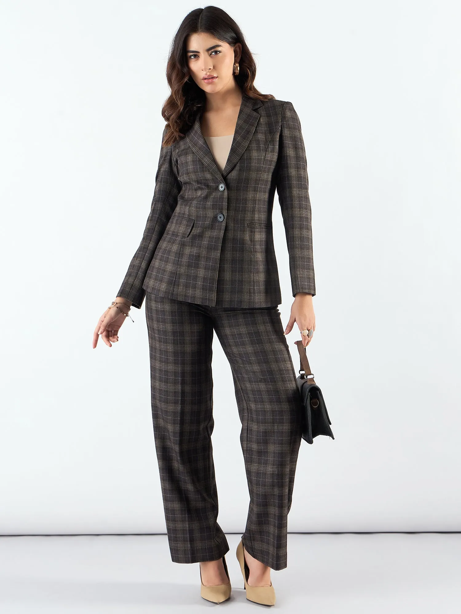 Brown Notched Lapel Tailored Fit Long Warm Checkered Blazer Paired With Trouser