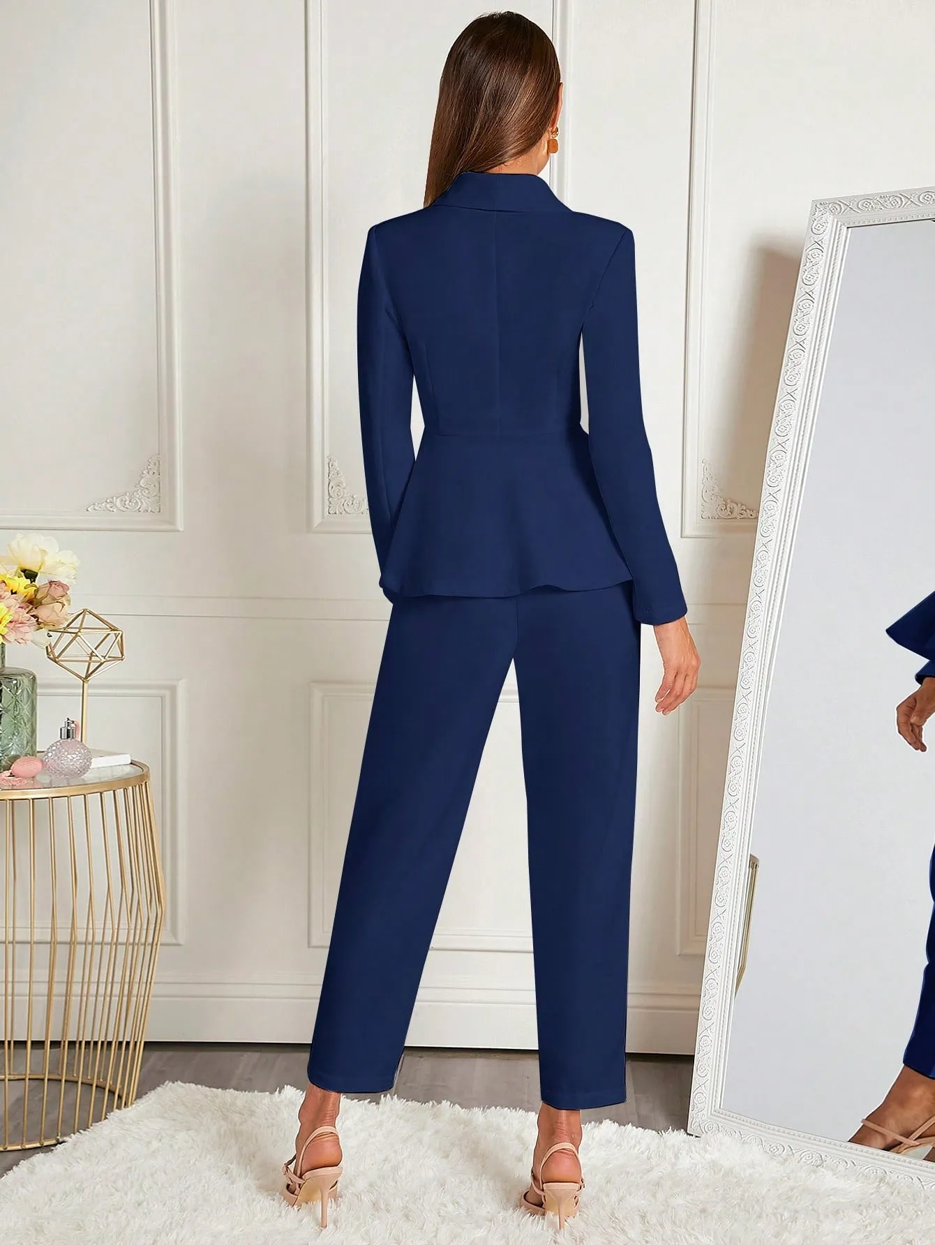 Clasi Shawl Collar Single Button Peplum Blazer & Pants