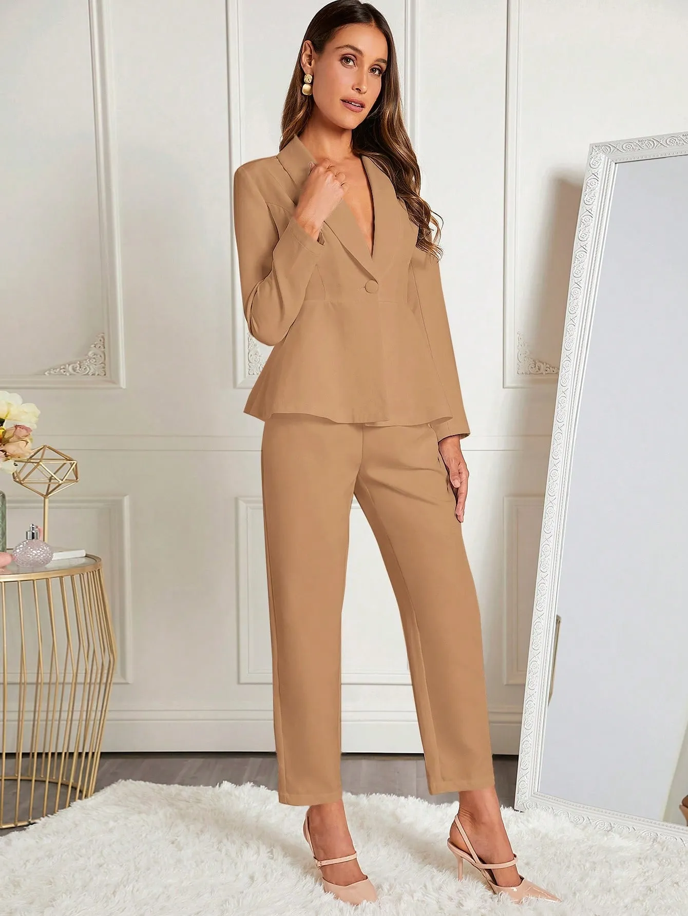 Clasi Shawl Collar Single Button Peplum Blazer & Pants