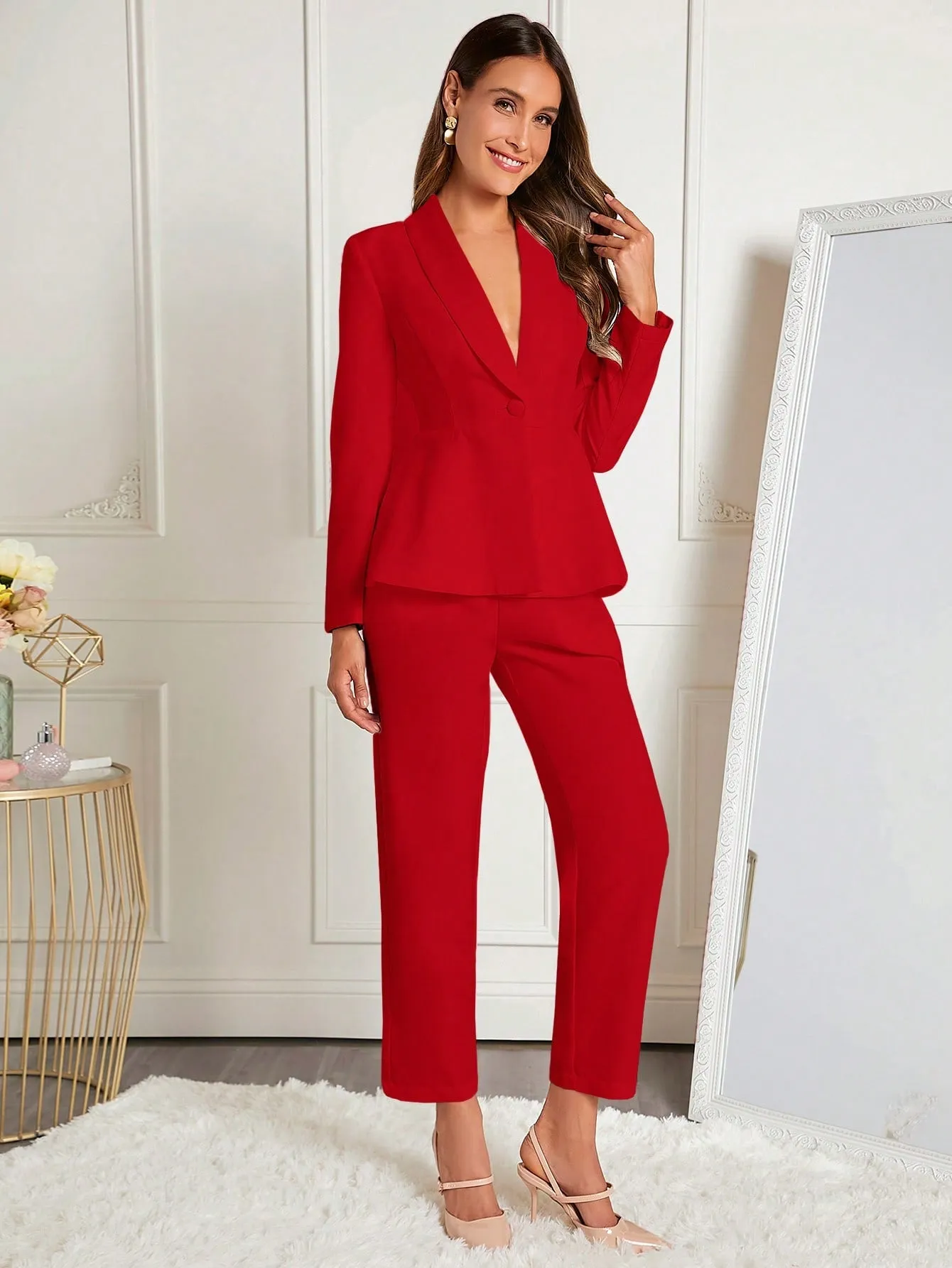 Clasi Shawl Collar Single Button Peplum Blazer & Pants