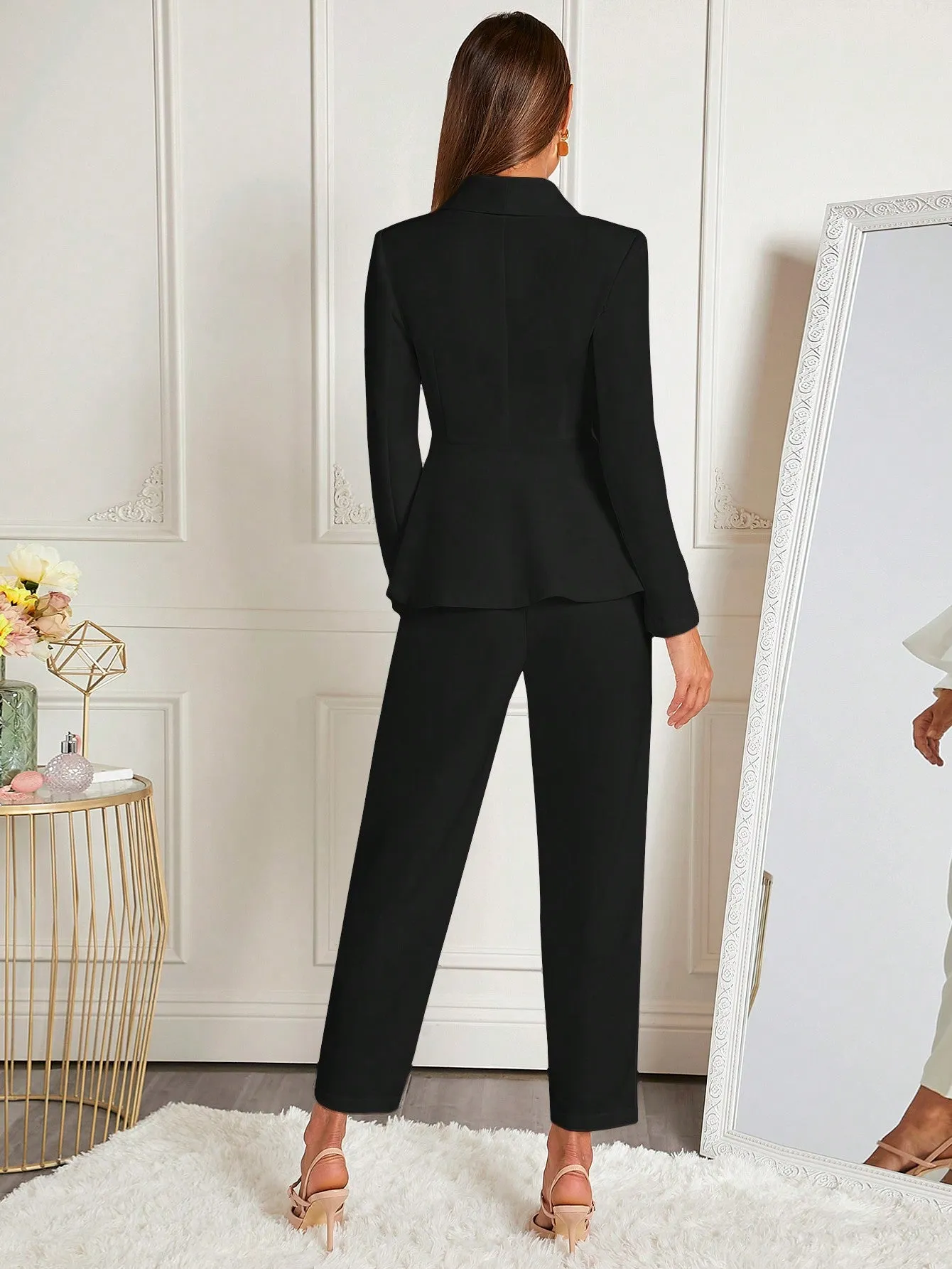 Clasi Shawl Collar Single Button Peplum Blazer & Pants