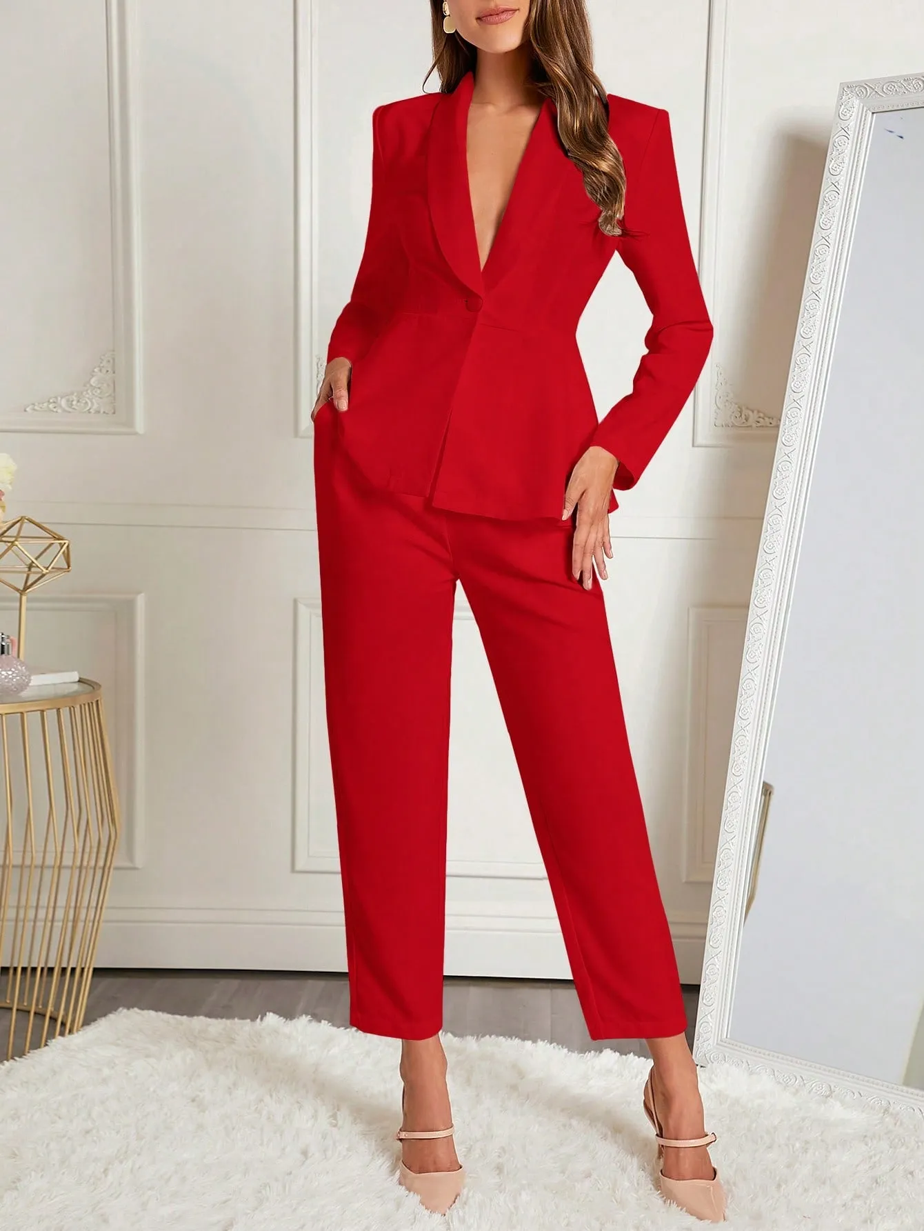 Clasi Shawl Collar Single Button Peplum Blazer & Pants