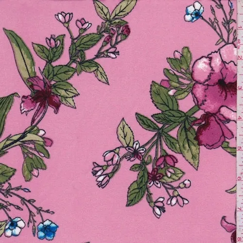 Dark Blush Pink Floral Sprig Double Brushed Jersey Knit Fabric