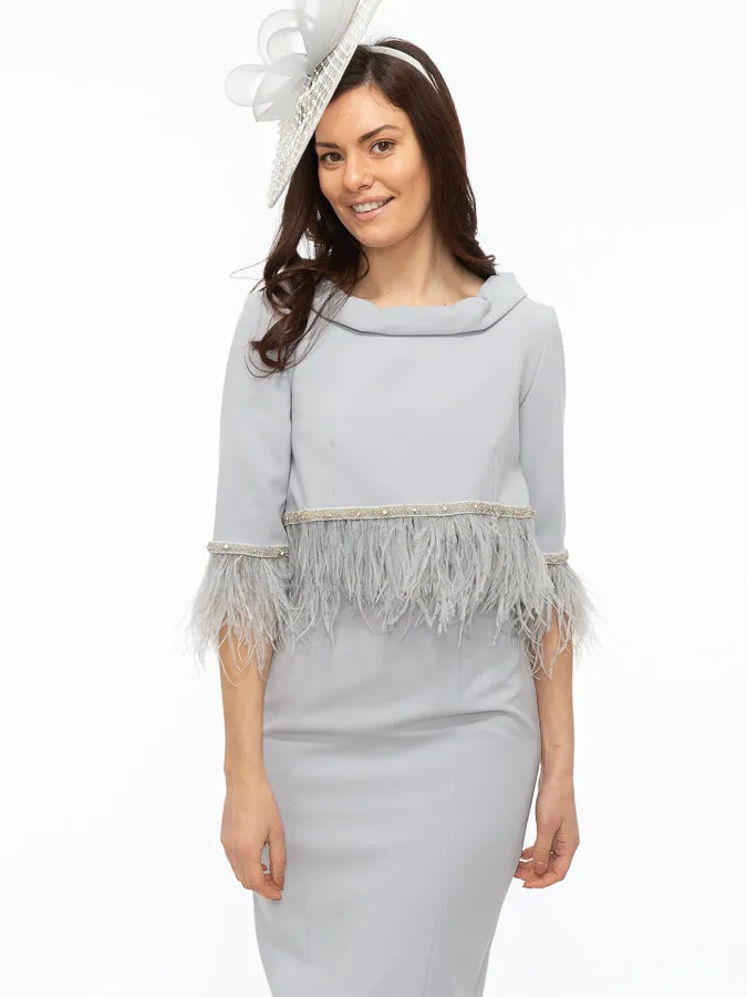 Fely Campo Silver Grey Suit with Feather Trim