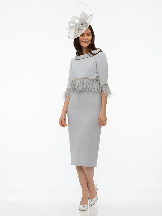 Fely Campo Silver Grey Suit with Feather Trim