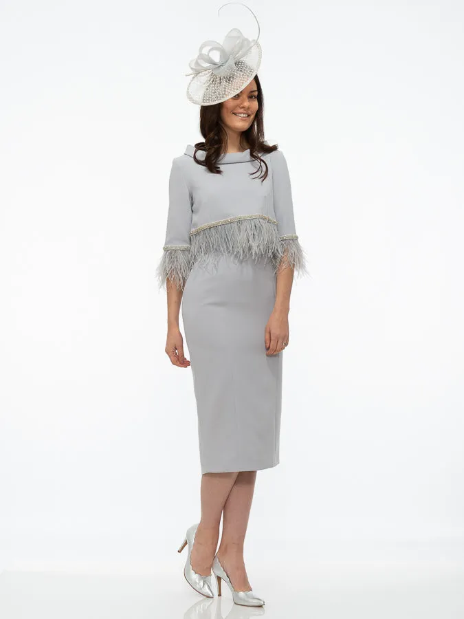 Fely Campo Silver Grey Suit with Feather Trim