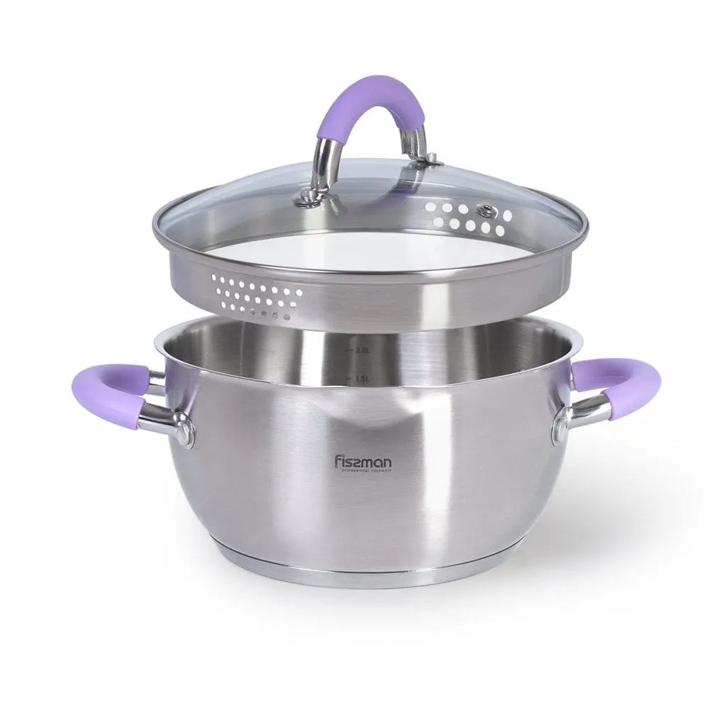 Fissman Stockpot Annette Series 18/10 Inox304 Stainless Steel With Clear Glass Lid. Pouring Lip Strainer With Silicone Handles 24x12.5cm/4.7LTR