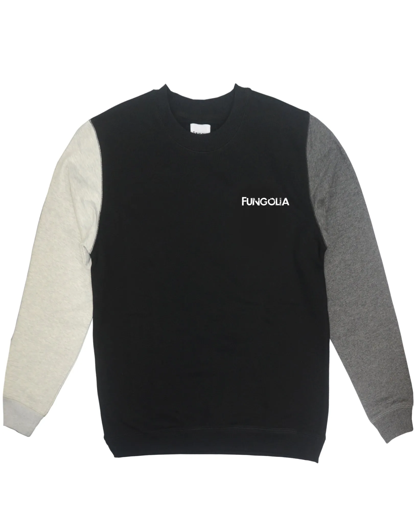 <A 000a001y6c1c>Fungolia Fleece Crew Neck Sweatshirt - Logo (Black with mixed sleeves)