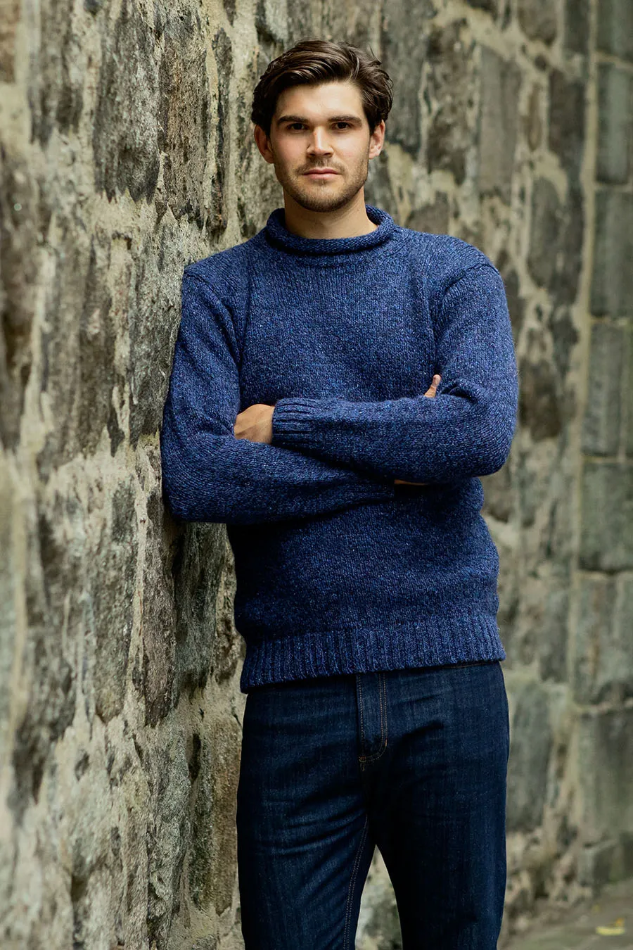 Mens Chunky Roll Neck Jumper - Blue Marl