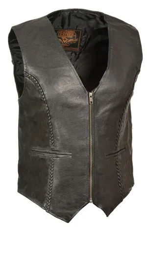 Milwaukee Leather SH1246Z Women's Black Leather Classic Braided Motorcycle Rider Vest with Zipper Closure