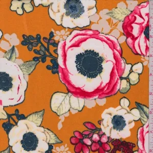 Orange Multi Floral Bloom Brushed Jersey Knit Fabric