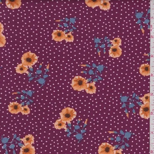 Purple Floral Pin Dot Double Brushed Jersey Knit Fabric