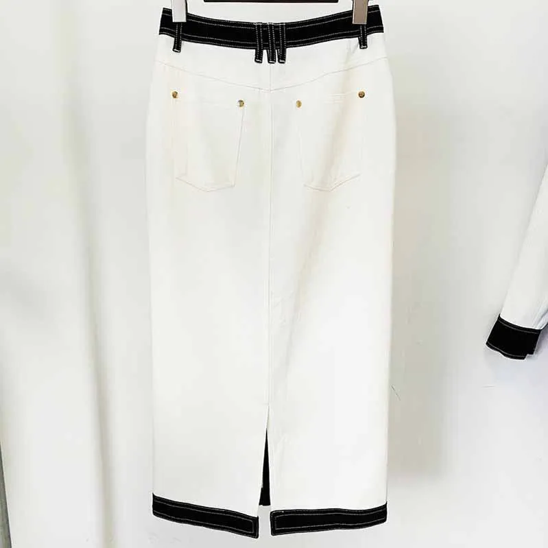 White and Black Denim Two Piece Suits for Women White Blazer With Midi Skirt